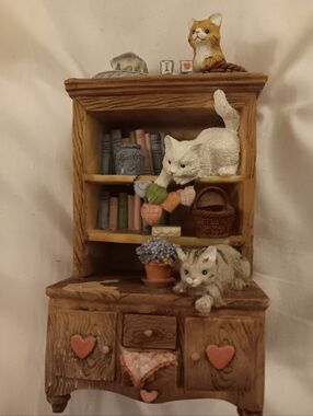 Whimsical White & Brown Cat Figurine Shelf Accent